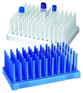 Reagensglasstativ Peg Rack, 50 huller, blåt
