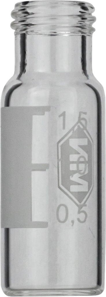 [4001520] Vials m. gevind, Macherey-Nagel, N 9 short thread, vid åbning, 1,5 mL, klar, m. skrivefelt