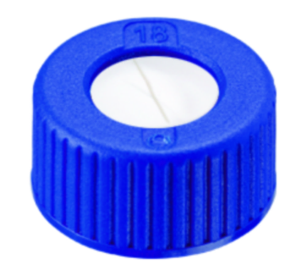 Skruelåg, LLG, N 9 short thread, blå PP m. hul, silikone/PTFE 55 A, slit