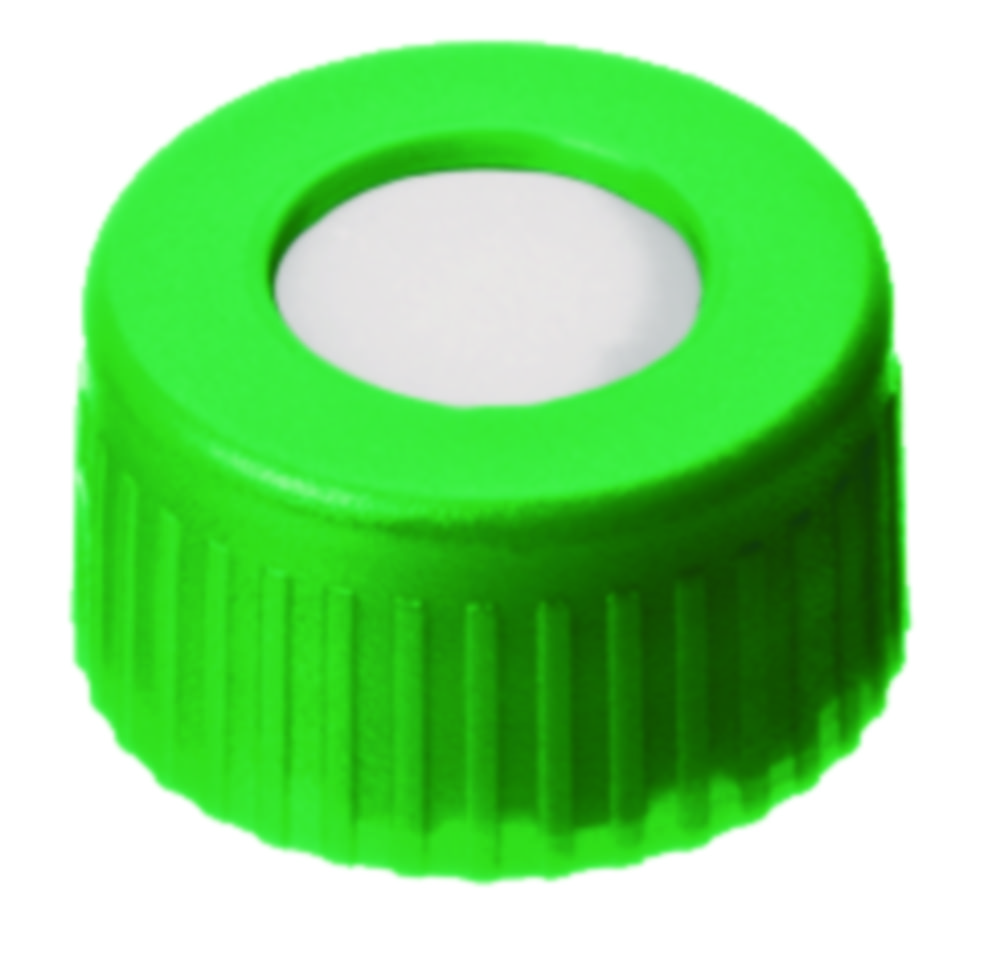 Skruelåg, LLG, N 9 short thread, grøn PP m. hul, silikone/PTFE 55 A