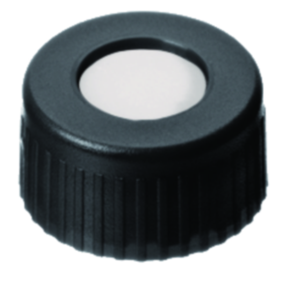 Skruelåg, LLG, N 9 short thread, sort PP m. hul, silikone/PTFE 55 A