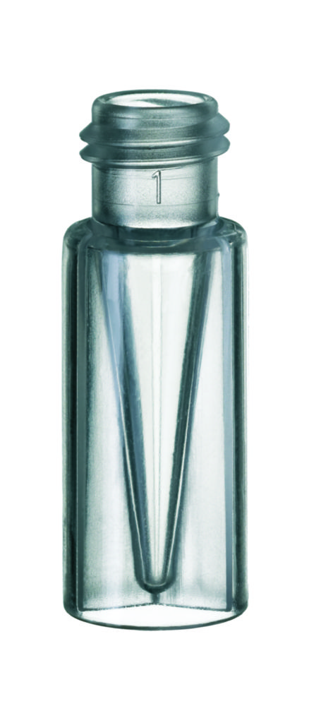 Mikrovials m. gevind, LLG, PP, N 9 short thread, vid åbning, 0,3 mL konisk, klar