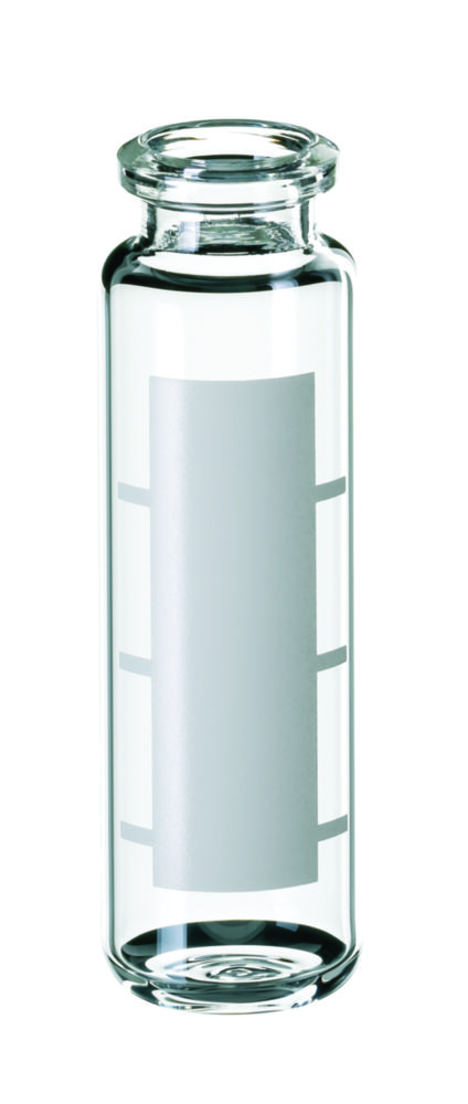 Headspace vials m. krave, LLG, N 20 HS crimp, rundet bund, 20 mL, klar, m. skrivefelt