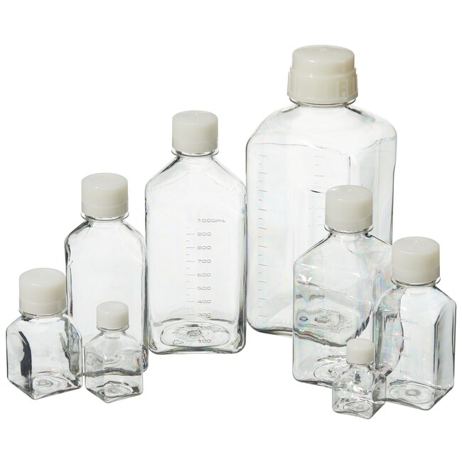 Medieflaske med låg, Nalgene, PETG/HDPE, firkantet, steril, 500 mL, 40 stk