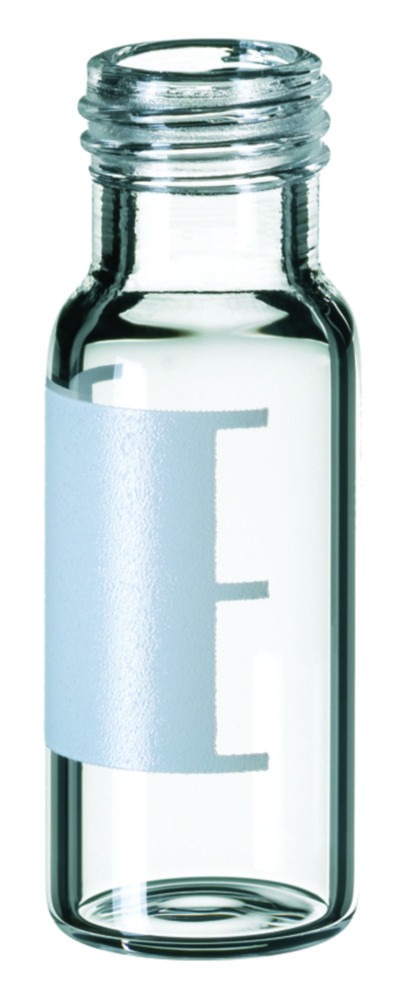 Vials m. gevind, LLG, N 9 short thread, vid åbning, 1,5 mL, klar, m. skrivefelt