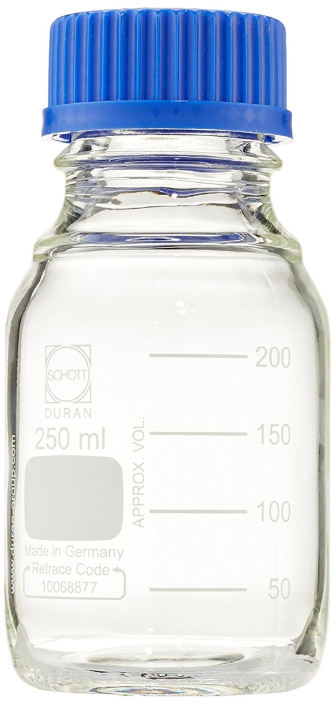 BlueCap-flaske, DURAN, m/blåt låg, 250 ml. 10/pk