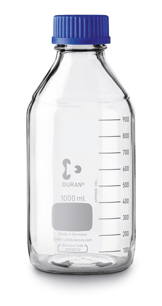 BlueCap-flaske, DURAN, m/blåt låg, 2000ml. 10/pk
