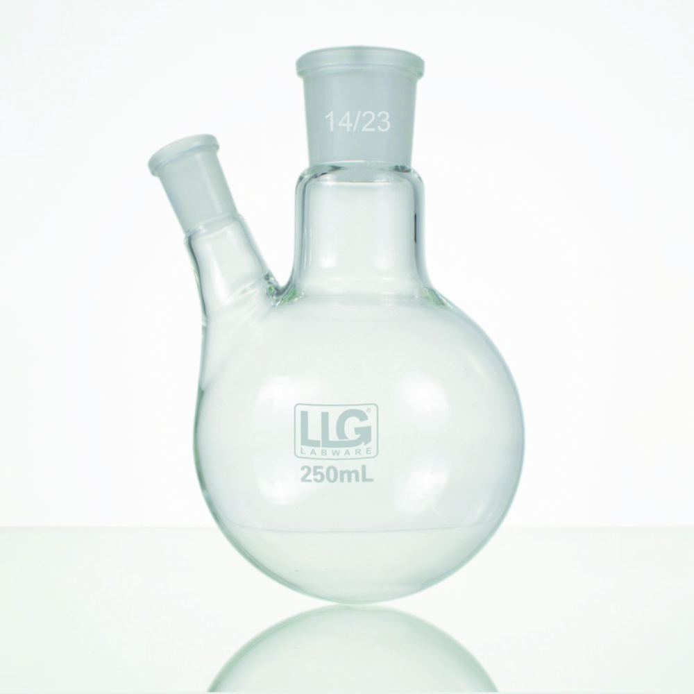 Rundkolbe, 2 halse, cent: NS14/23, vinklet sidehals: NS14/23, 250 ml