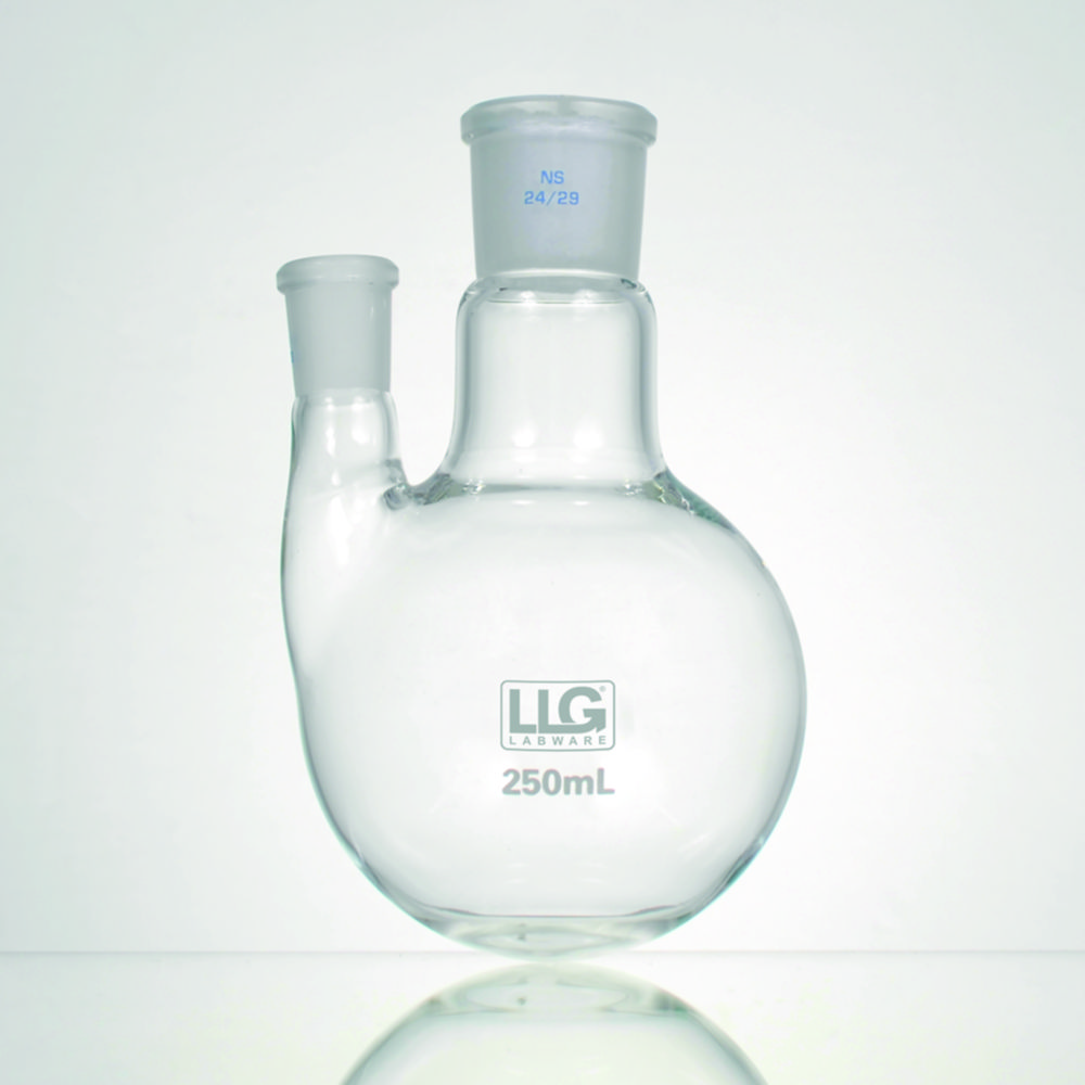 Rundkolbe, 2 halse, cent: NS29/32, vinklet sidehals: NS14/23, 100 ml