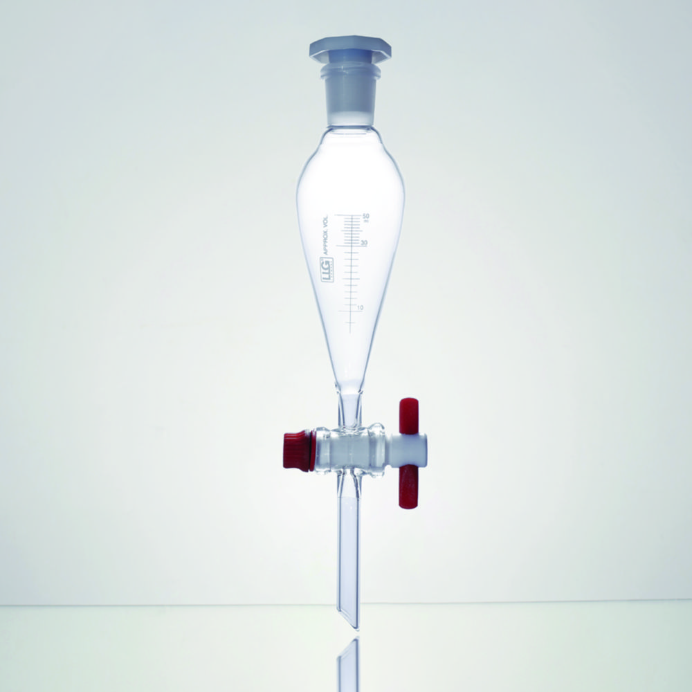 Skilletragt, LLG, Squibb form, boro 3.3, med inddeling og PTFE-hane, 2000 ml