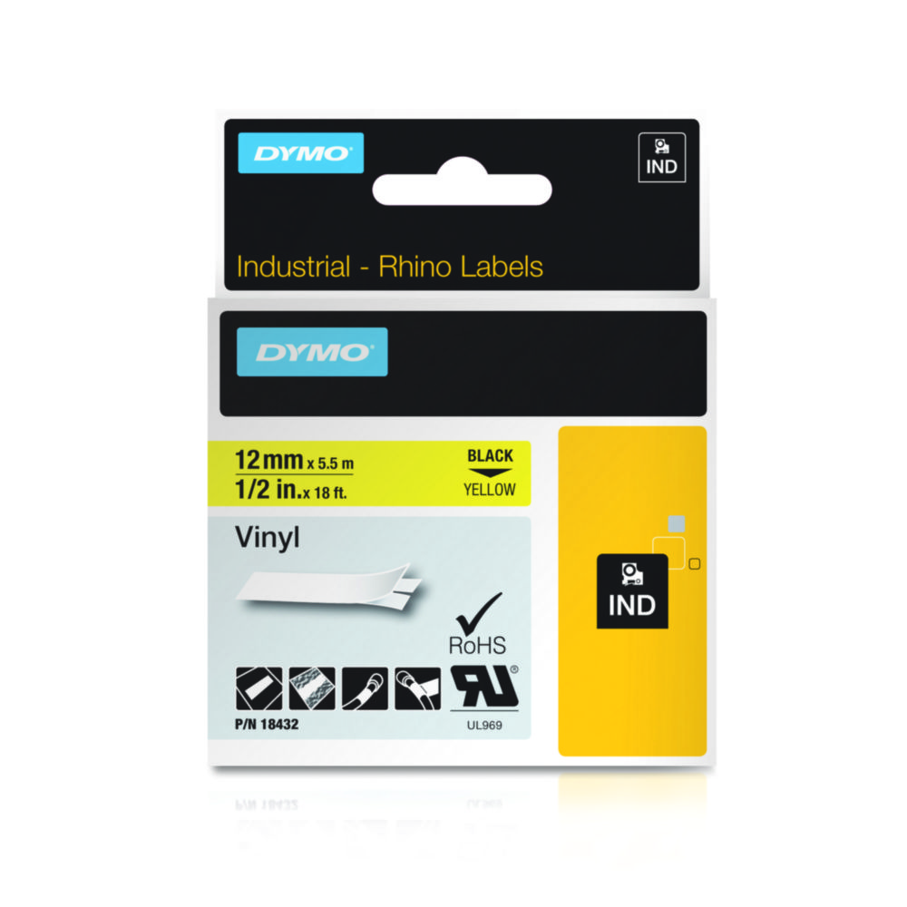 Tape, DYMO til Rhino, 12 mm x 5,5m, Vinyl, -40°C, sort på gul
