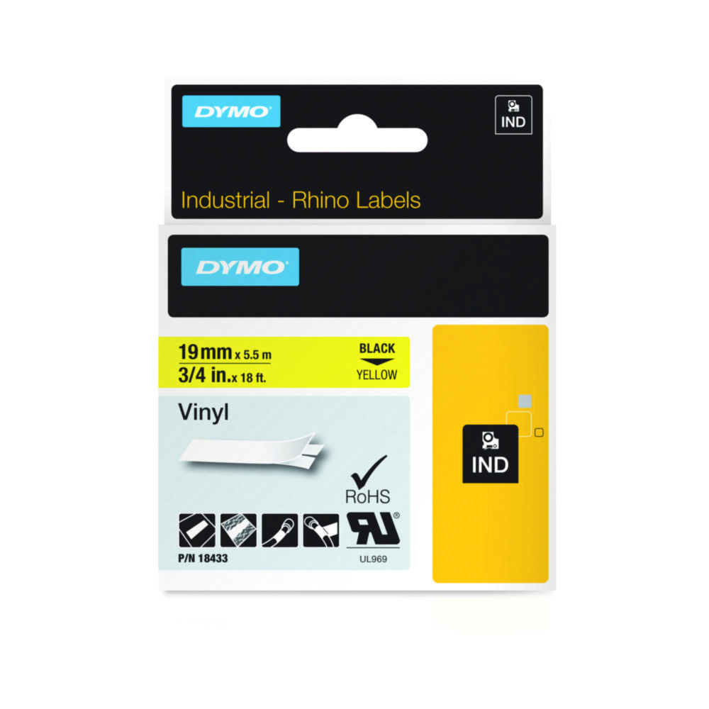 [4687546] Tape, DYMO til Rhino, 19 mm x 5,5m, Vinyl, -40°C, sort på gul