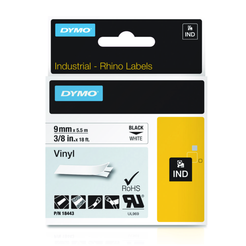 Tape, DYMO til Rhino, 9 mm x 5,5m, Vinyl, -40°C, sort på hvid