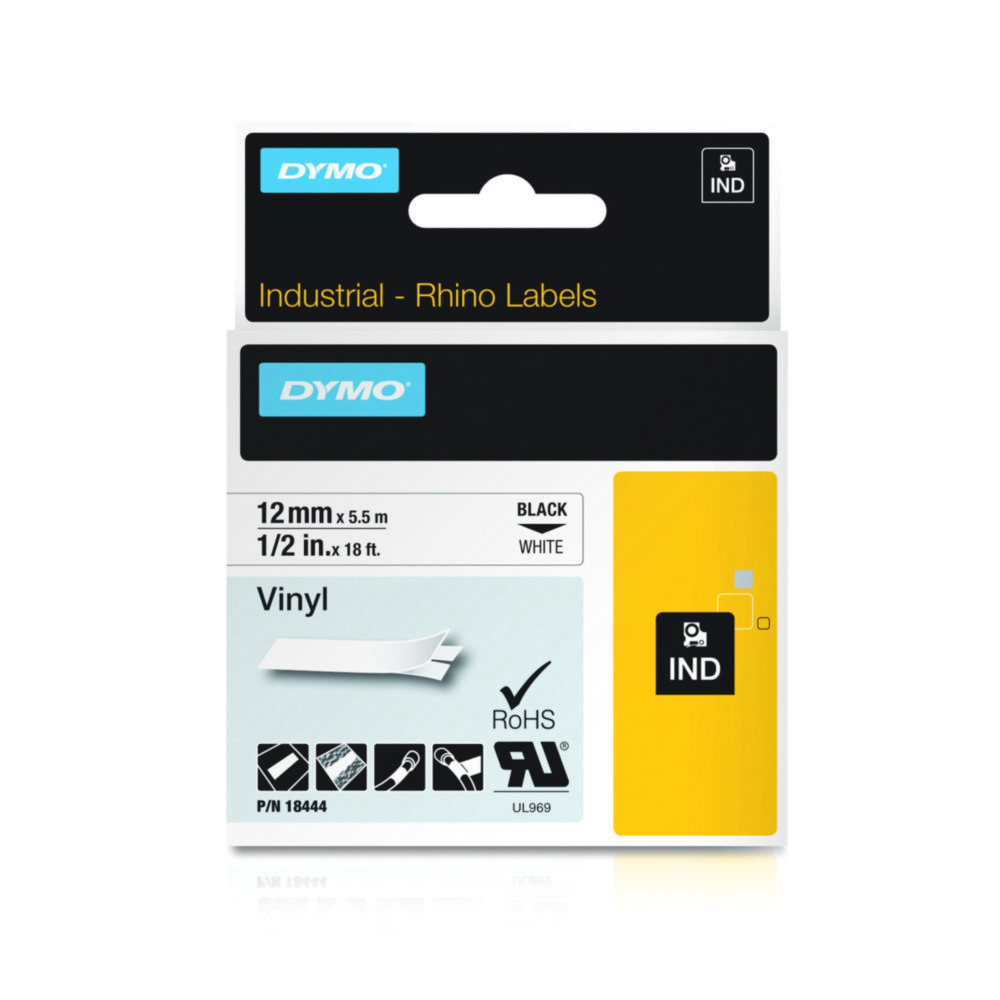 Tape, DYMO til Rhino, 12 mm x 5,5m, Vinyl, -40°C, sort på hvid