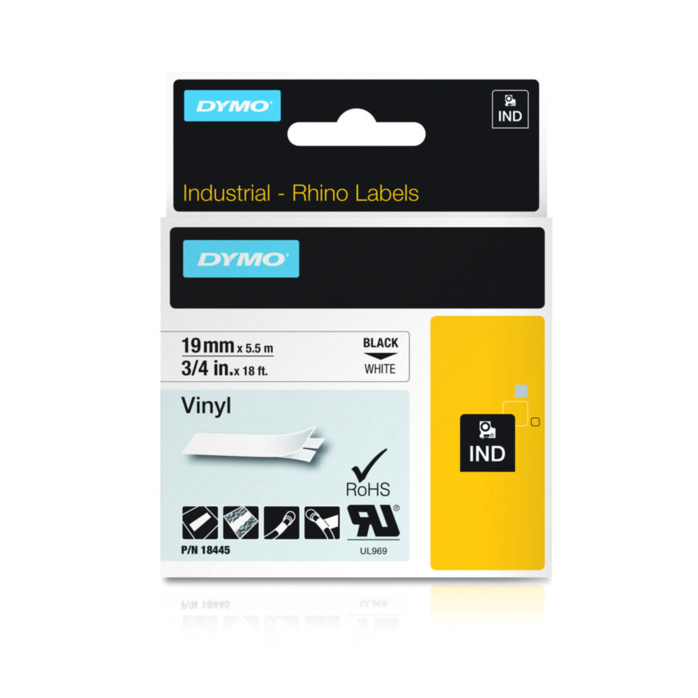Tape, DYMO til Rhino, 19 mm x 5,5m, Vinyl, -40°C, sort på hvid