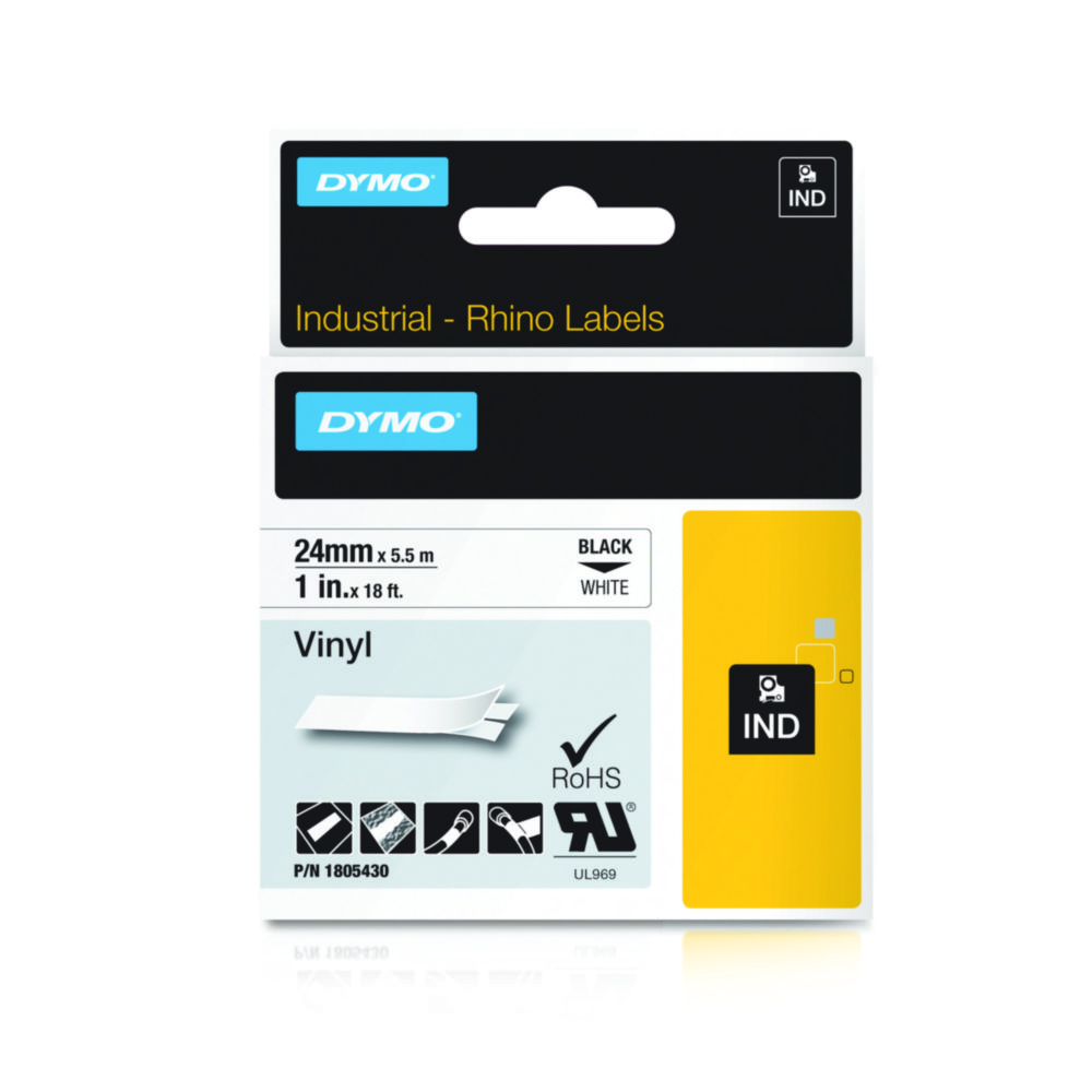 [4687559] Tape, DYMO til Rhino, 24 mm x 5,5m, Vinyl, -40°C, sort på hvid