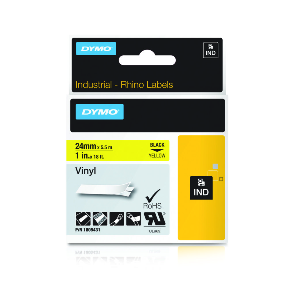 Tape, DYMO til Rhino, 24 mm x 5,5m, Vinyl, -40°C, sort på gul