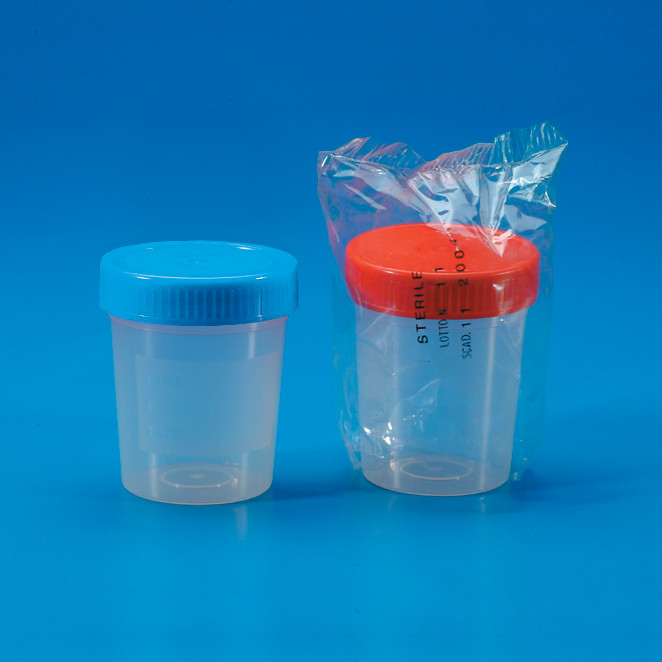 Prøvebeholder,PP,rødt skruelåg,ster.,Ø62,5mm,150ml