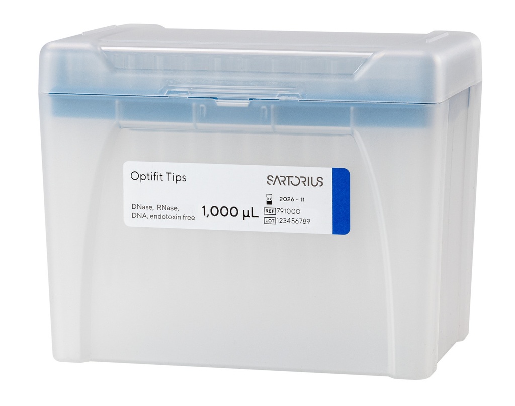 Optifit-Pipettespids, Sartorius, 10-1000 µl, længde 71,5 mm, 10 rack med 96 stk, sterile