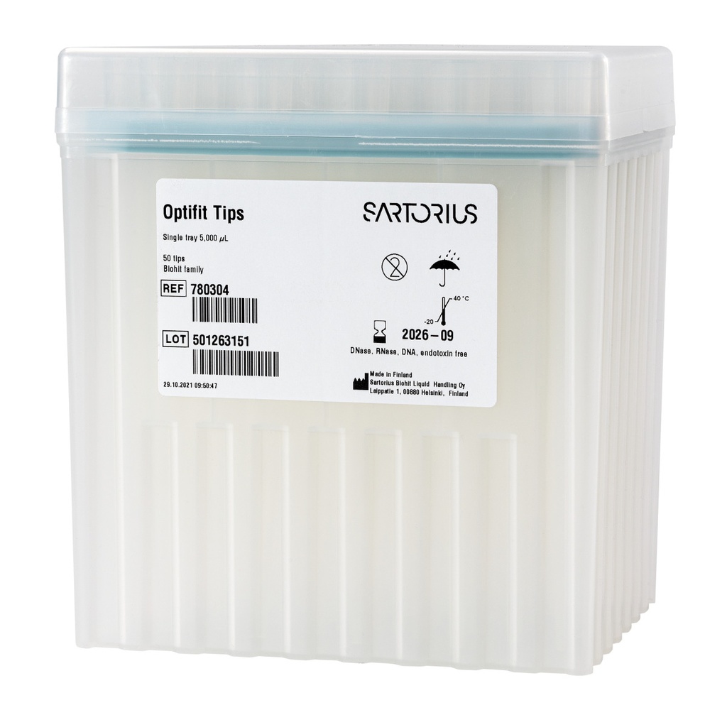 Optifit-Pipettespids, Sartorius, 100-5000 µl, længde 150,0 mm, rack med 50 stk, sterile