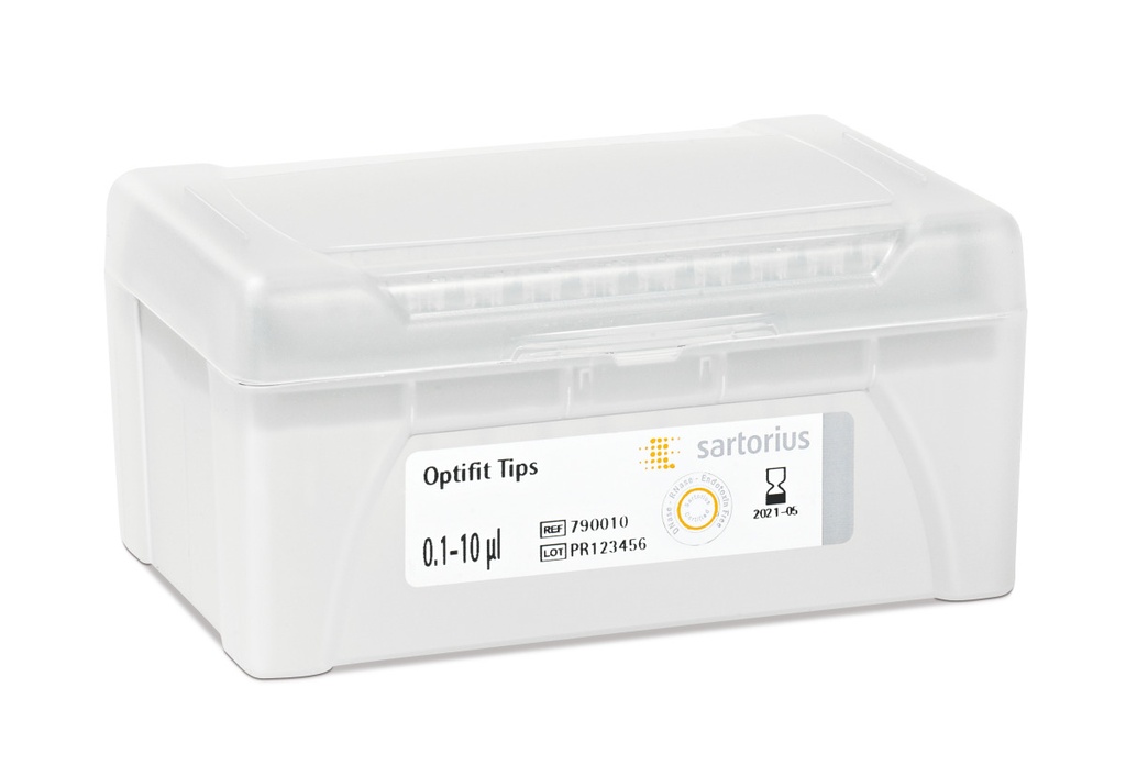 Optifit-Pipettespids, Sartorius, 0,1-10 µl, længde 31,5 mm, 10 rack med 96 stk.