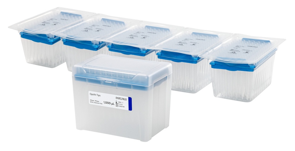 Optifit-Pipettespids, Sartorius, 10-1000 µl, længde 71,5 mm, refill pakke med 10x96 stk, sterile