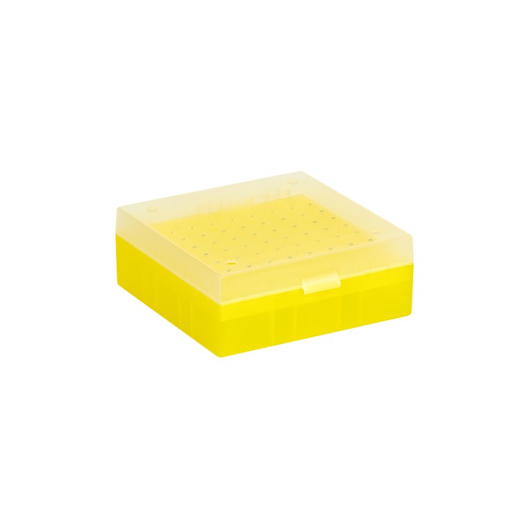 Kryoboks, Ratiolab, 133 x 133 x 52 mm, PP, 9 x 9 rum, 1,2/2,0 ml kryorør, gul