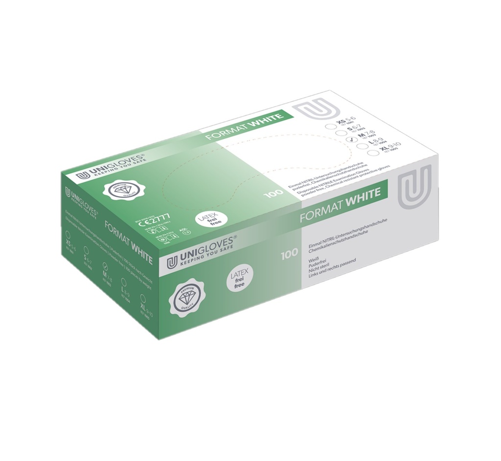 Nitrilhandsker, Unigloves FORMAT WHITE, str. M (7-8)