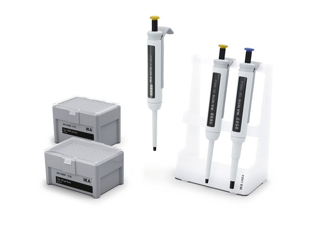 Pipette sæt, IKA PETTE Classic, 3 pipetter, 2-20, 20-200, 100-1000 µl, med pipettespidser og holder