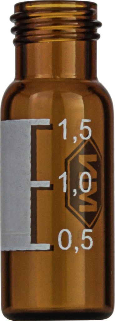 Vials m. gevind, Macherey-Nagel, N 9 short thread, vid åbning, 1,5 mL, brun, m. skrivefelt
