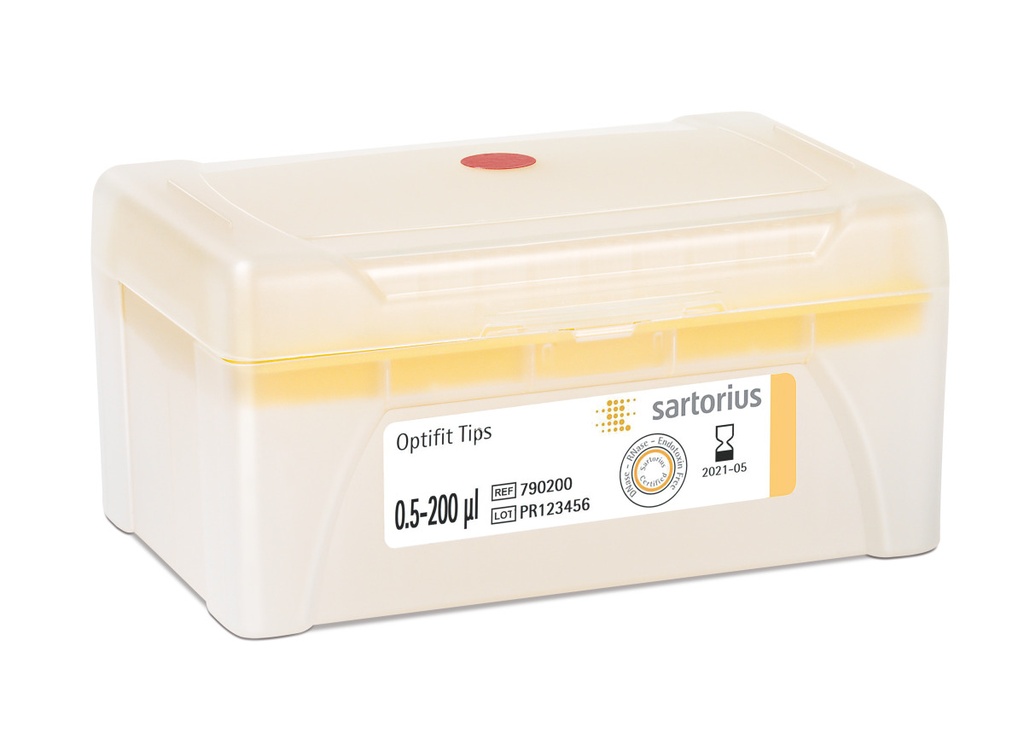 Optifit-Pipettespids, Sartorius, 0,5-200 µl, længde 51,0 mm, 10 rack med 96 stk.