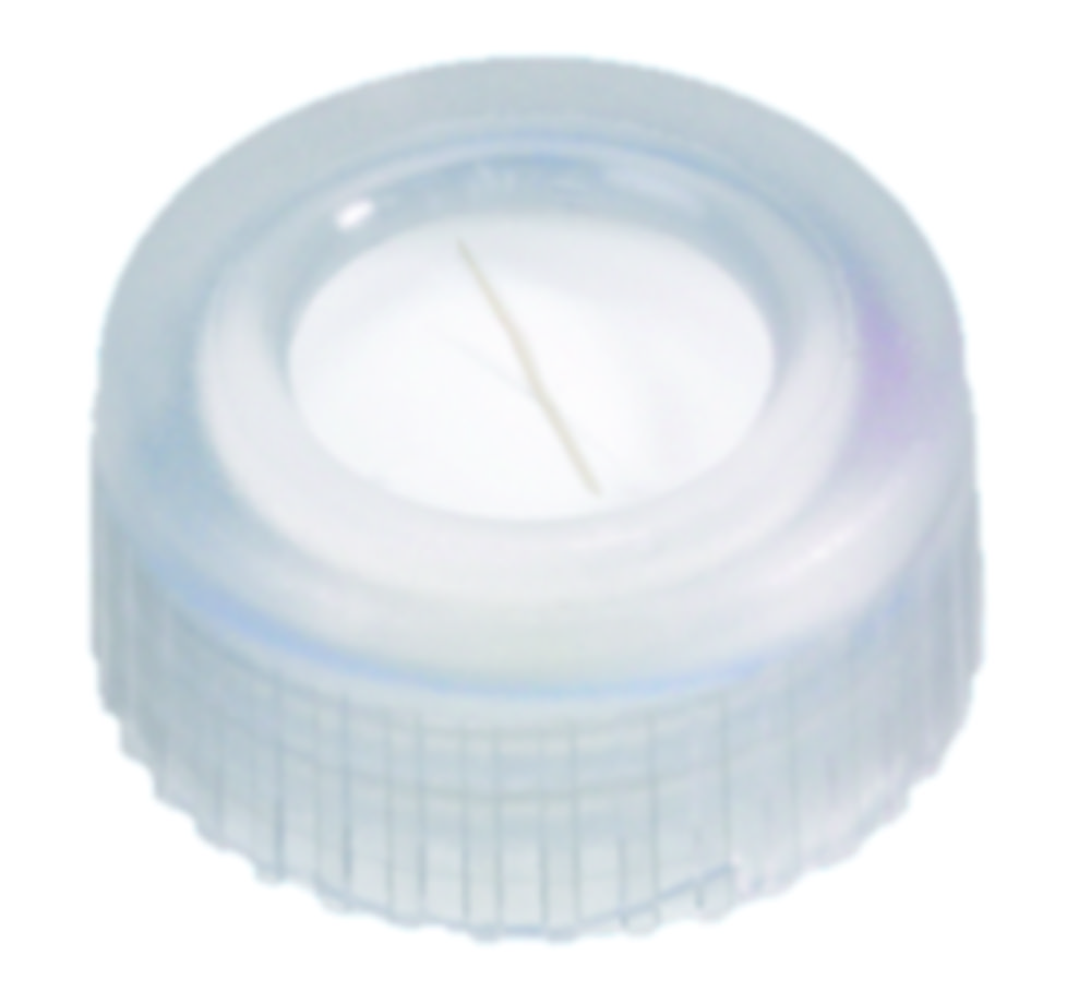 Skruelåg, LLG, N 9 short thread, klar PP m. hul, silikone/PTFE 55 A, slit