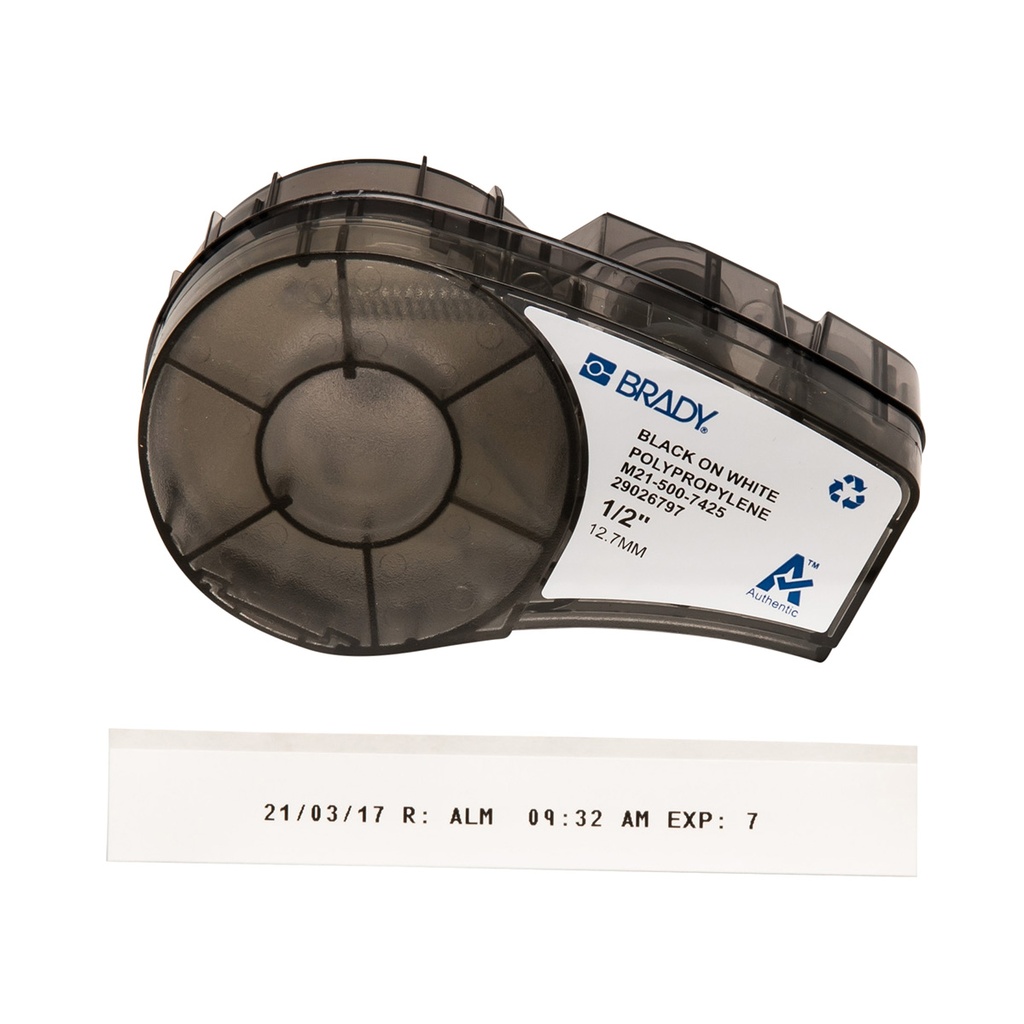 Tape, Brady 7425, 9,53 mm x 6,4 m., PP, -192°C, sort på hvid