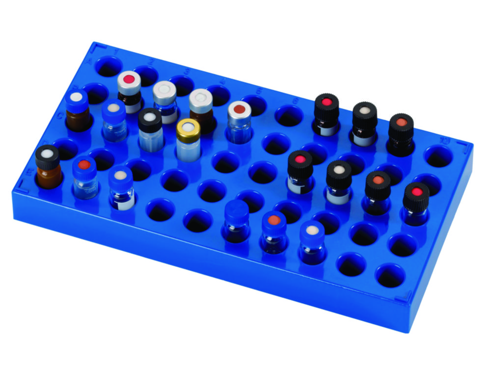 Rack til vials, LLG, PP, blå, 50 x 1,5 mL, 200 x 105 x 17 mm