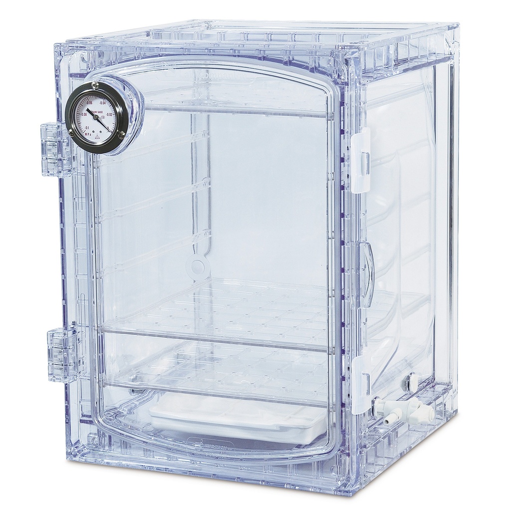 Ekssikkator, PC, kubisk, vakuummeter og hane, klar, 45 L