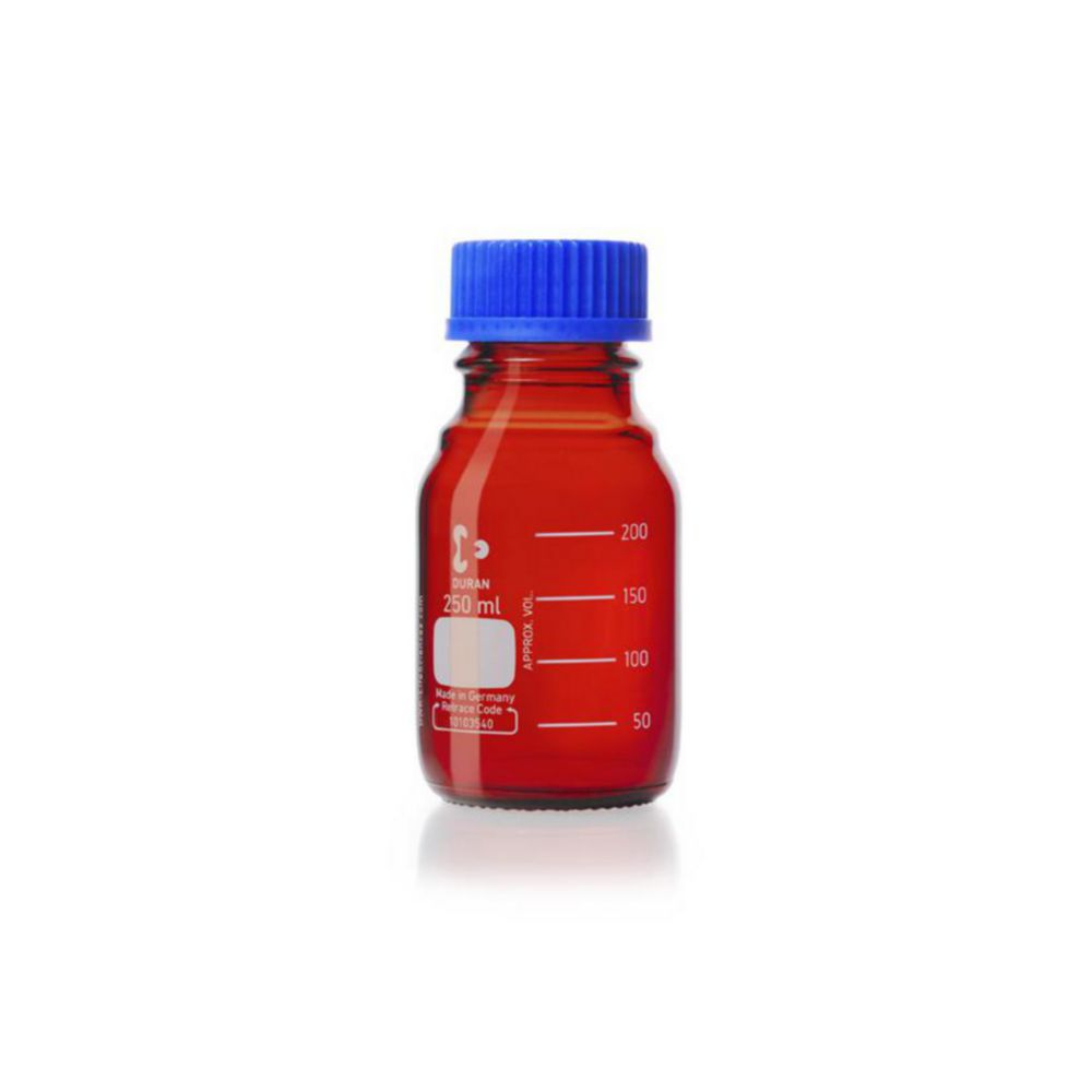 Laboratorieflaske, Duran, 250 ml, brun, GL45, med skruelåg og hældering