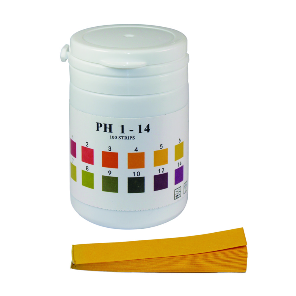 pH-indikatorpapir, LLG Universal, strips, pH 0 - 14, PlopTop, 100 stk