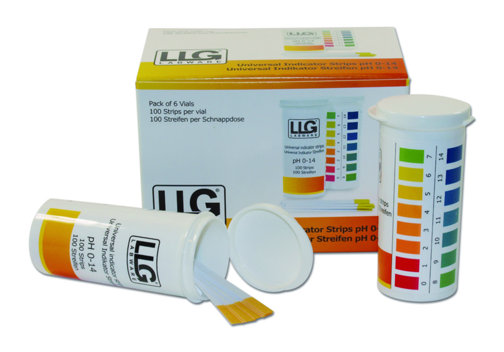 [9129808] pH-indikatorpapir, LLG Premium, strips, pH 0 - 14, PlopTop, 100 stk