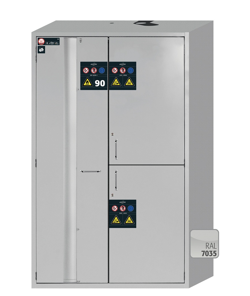 Brandskab til kemikalier, Asecos K-PHOENIX-90, bredde 120 cm, 3 hylder, spildbakke, 4 skuffer